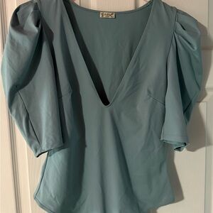 Free People V-Neck Puff Sleeve Thong Body Suit